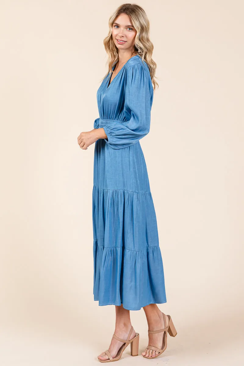 Tiered V Neck Chambray Pleated Midi Dress