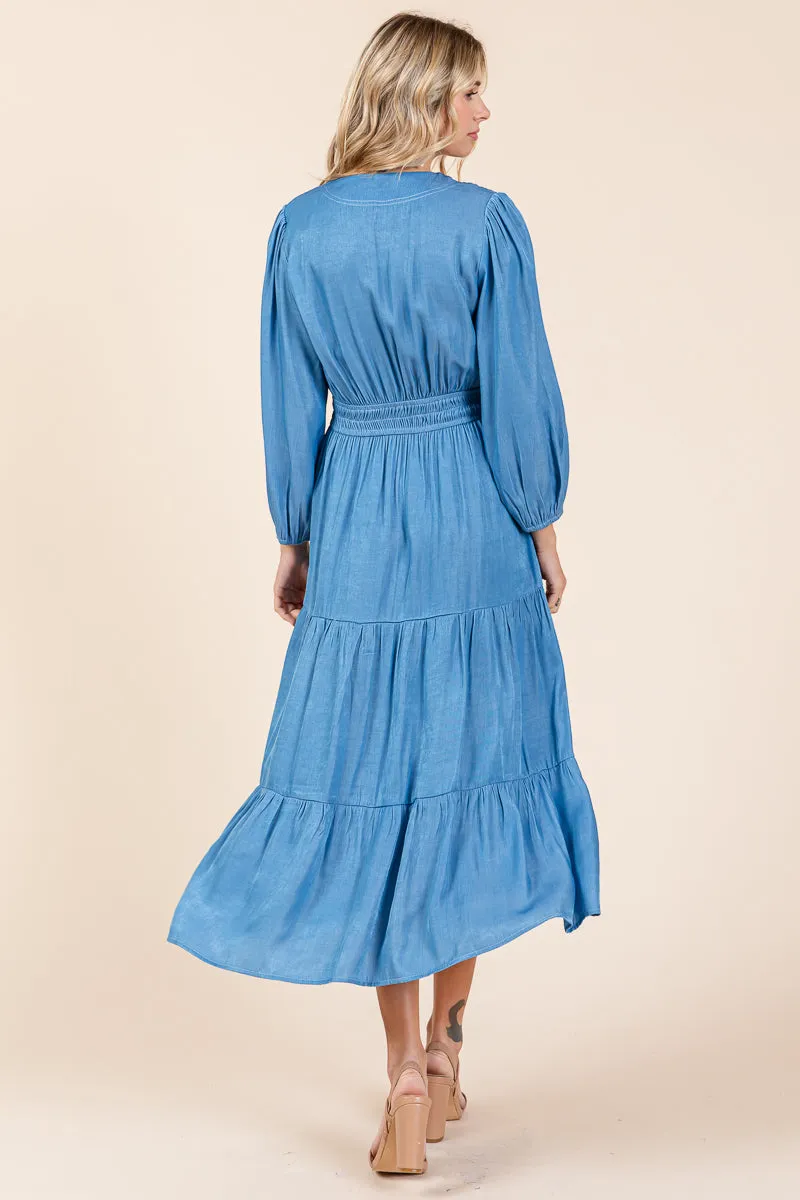 Tiered V Neck Chambray Pleated Midi Dress