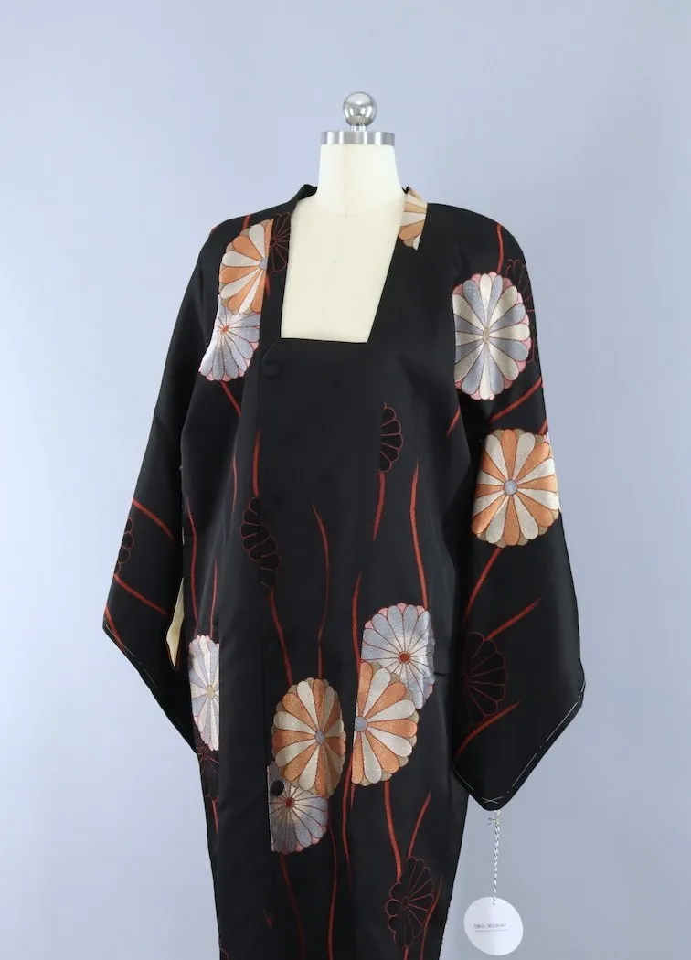 Vintage Silk Kimono Coat - Black Floral