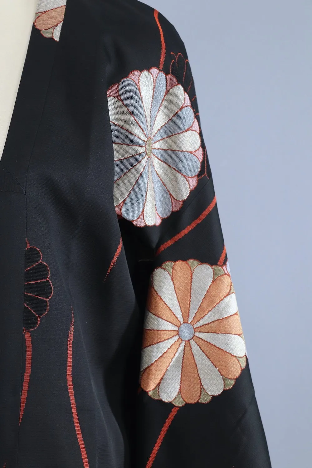 Vintage Silk Kimono Coat - Black Floral