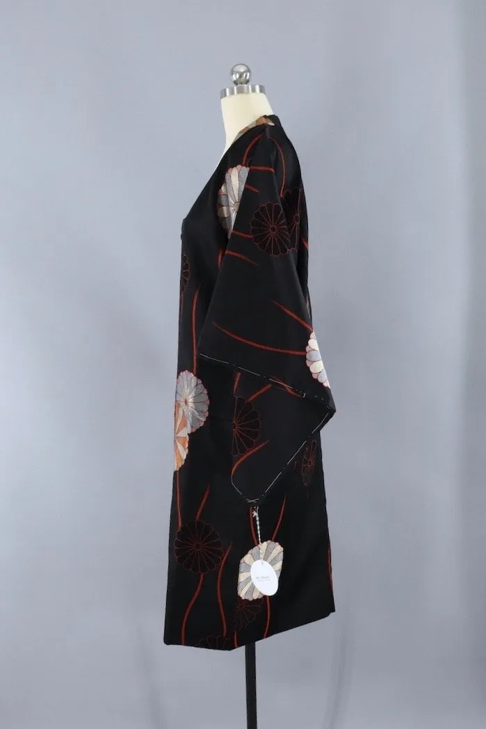 Vintage Silk Kimono Coat - Black Floral