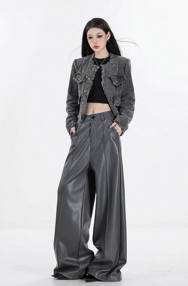 Wide Leg Single-Pleat Faux Leather Pants