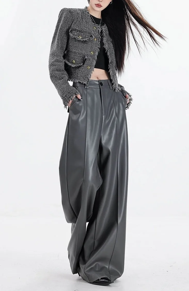 Wide Leg Single-Pleat Faux Leather Pants