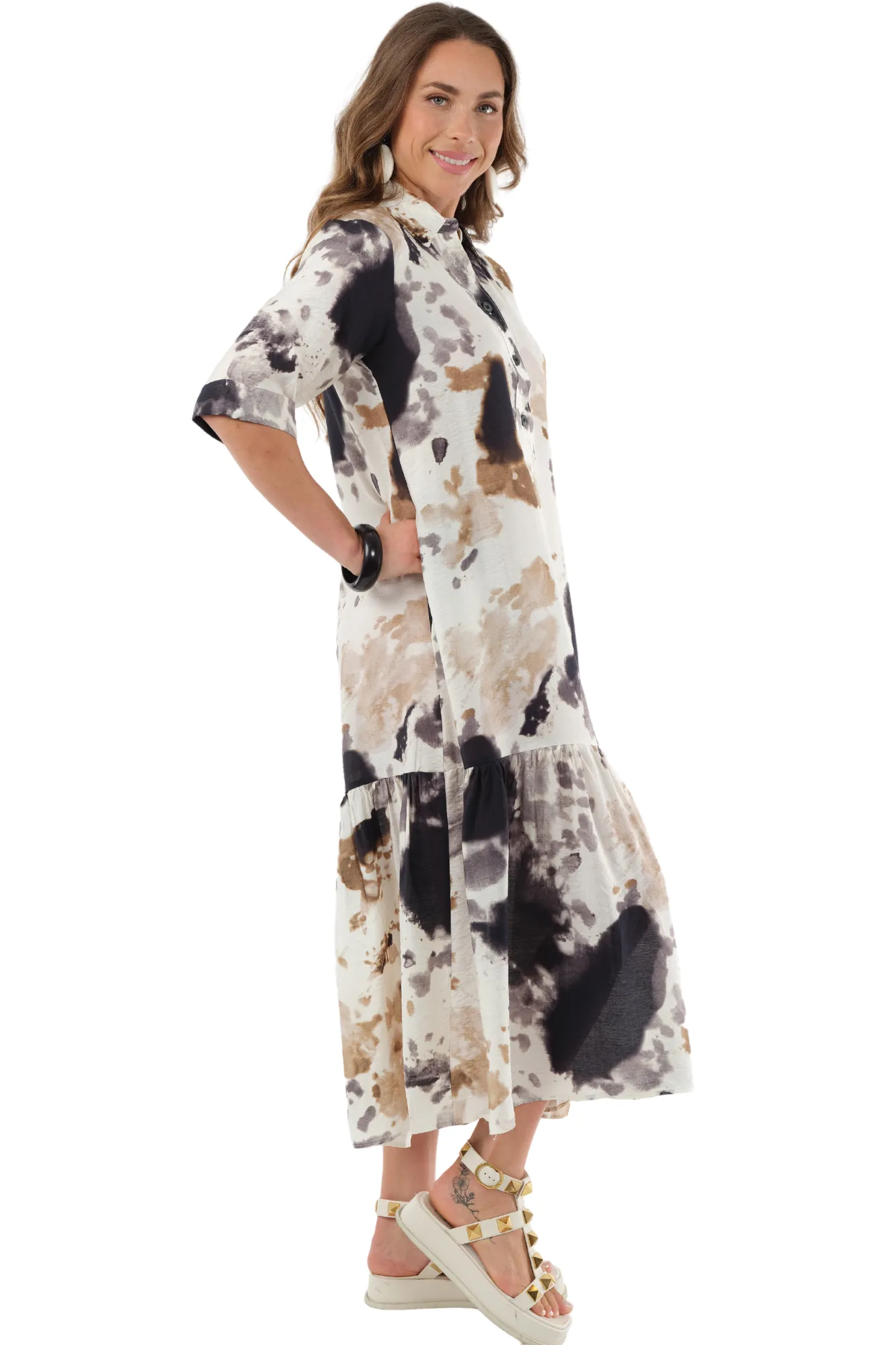 Women's Ivory & Black Splash Print Maxi Dress-"Vega"