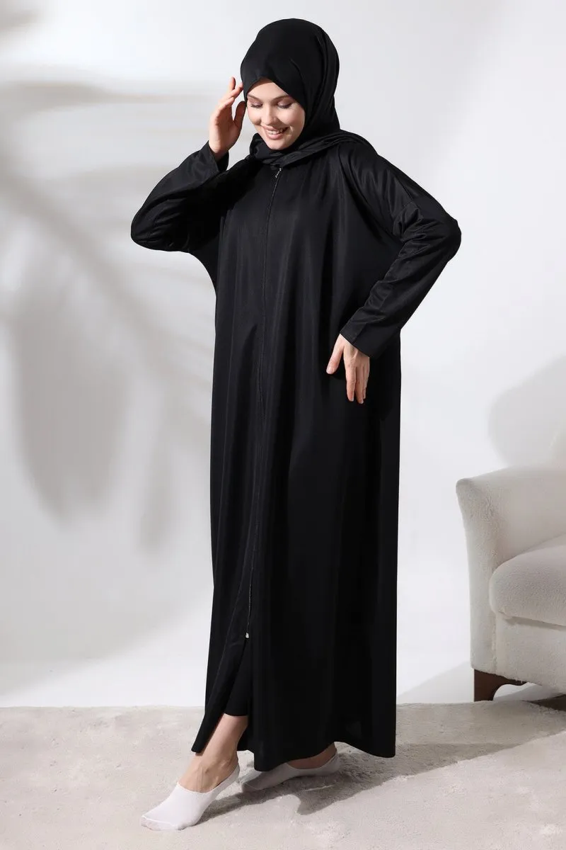 Women's One Piece Zippered Prayer Dress with Headscarf Black