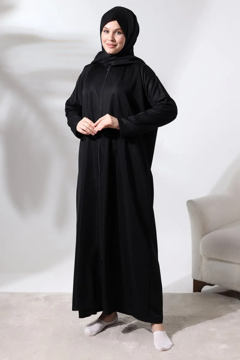 Women's One Piece Zippered Prayer Dress with Headscarf Black