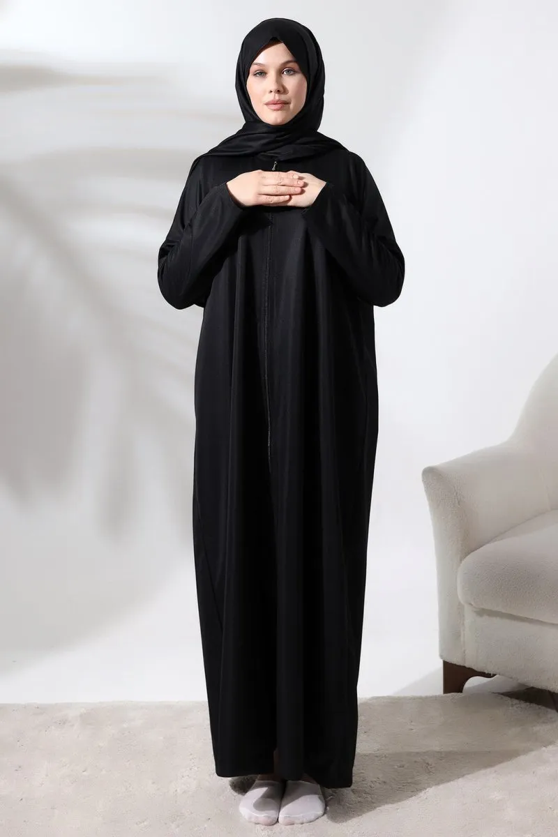 Women's One Piece Zippered Prayer Dress with Headscarf Black