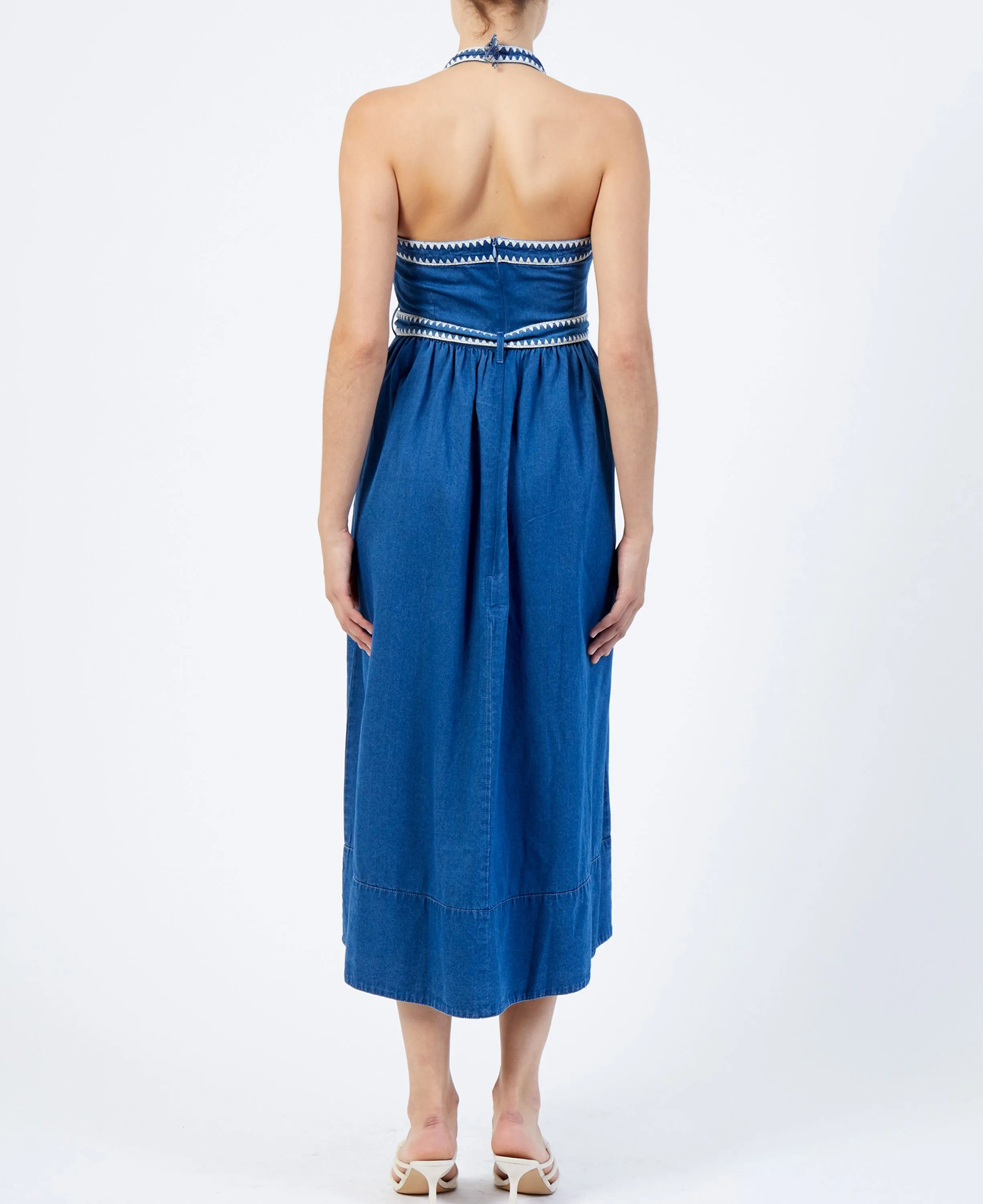 Zaves Chambray Halter Neck Dress - Vintage Blue