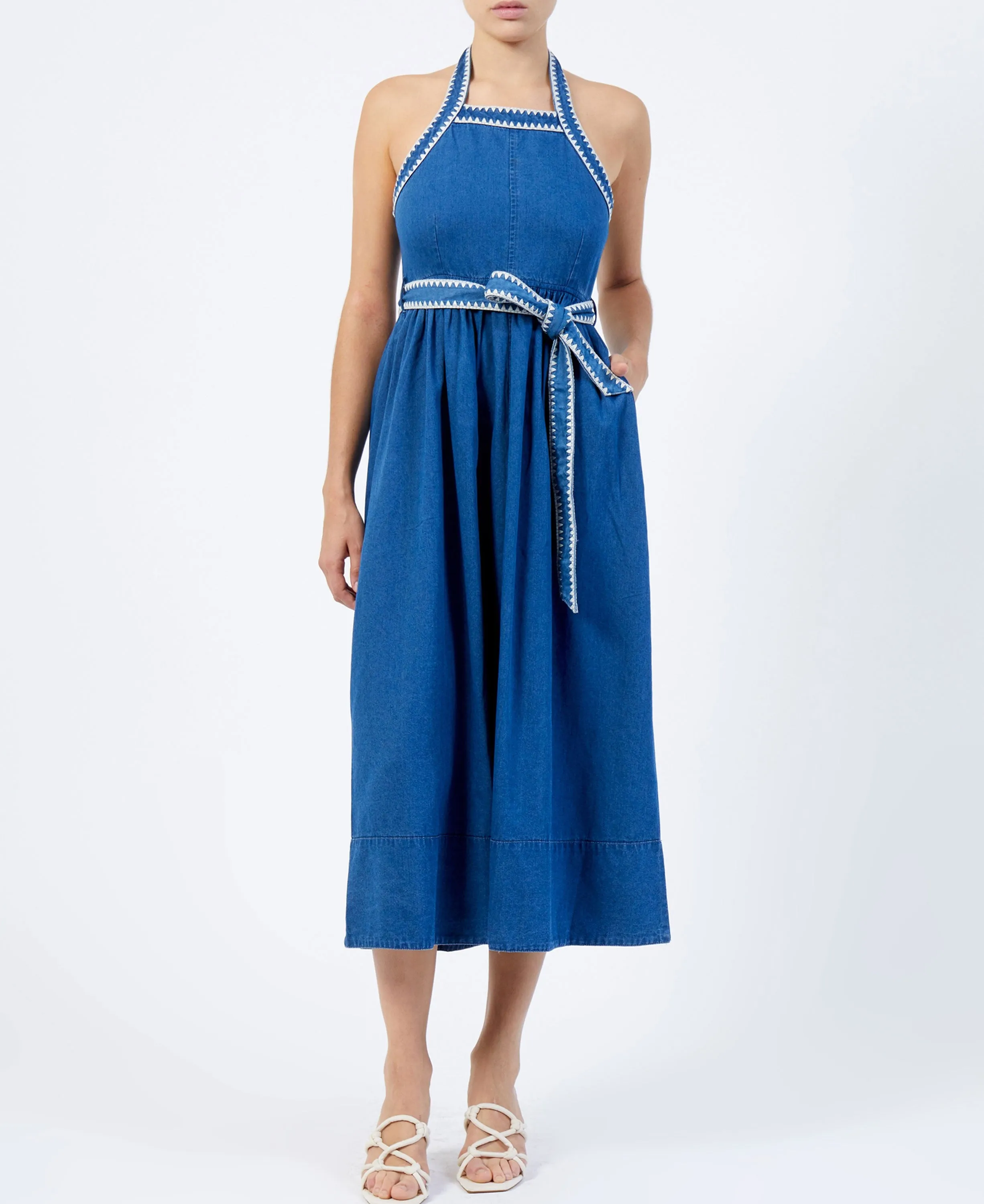 Zaves Chambray Halter Neck Dress - Vintage Blue
