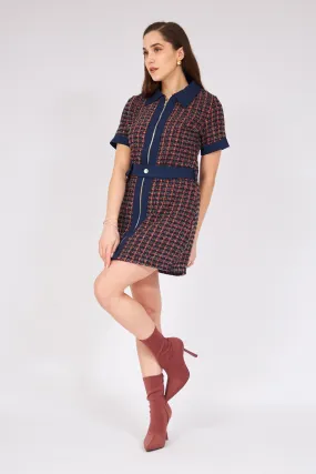 Zippered Garnished Tweed Dress