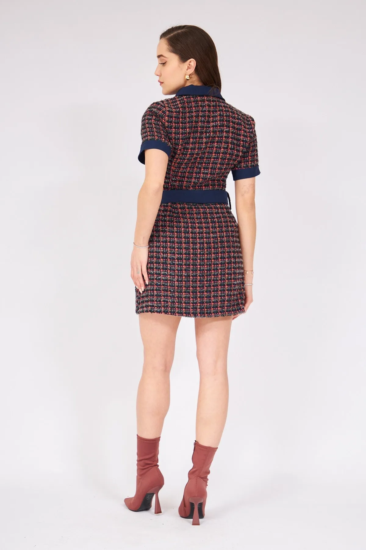 Zippered Garnished Tweed Dress