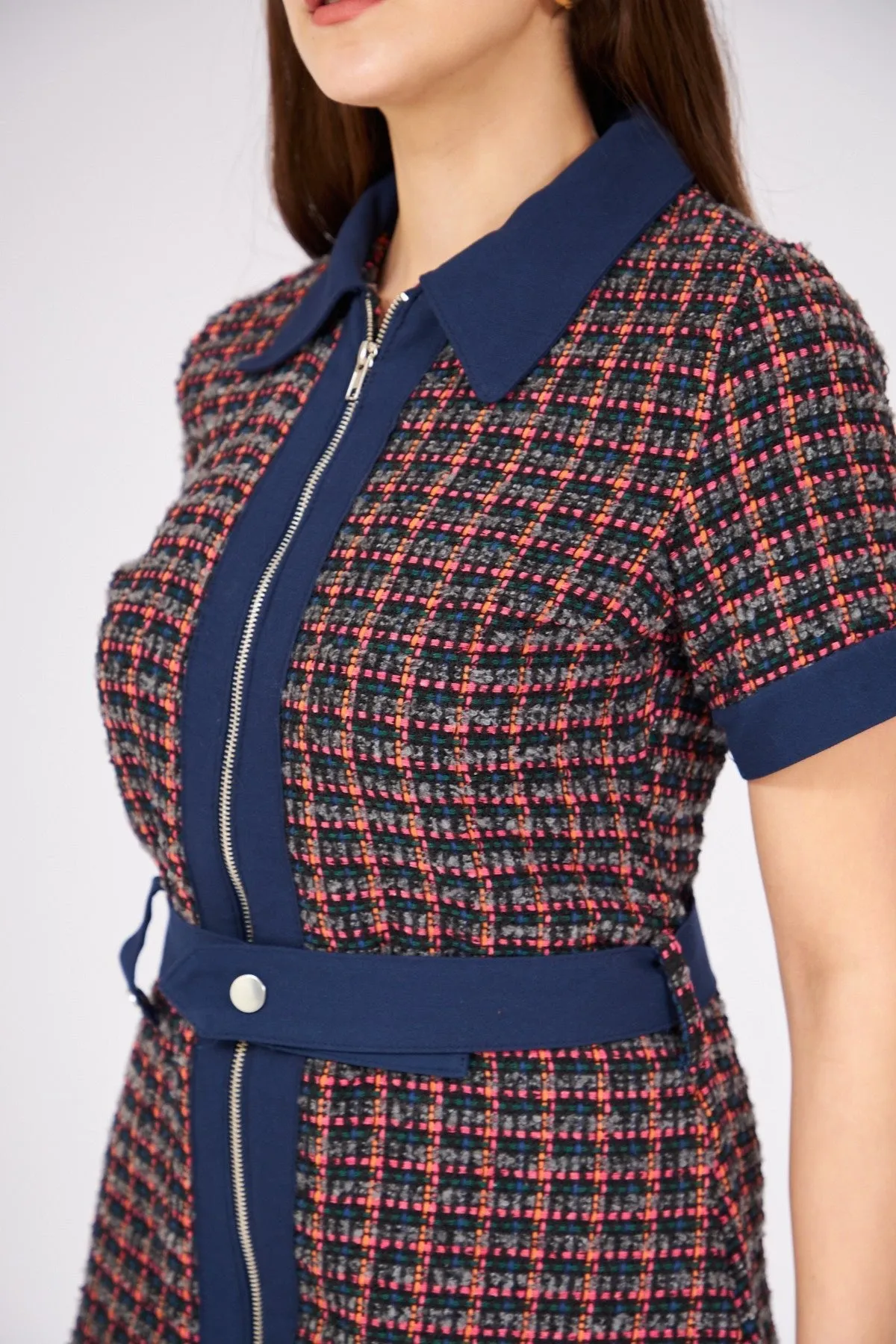 Zippered Garnished Tweed Dress
