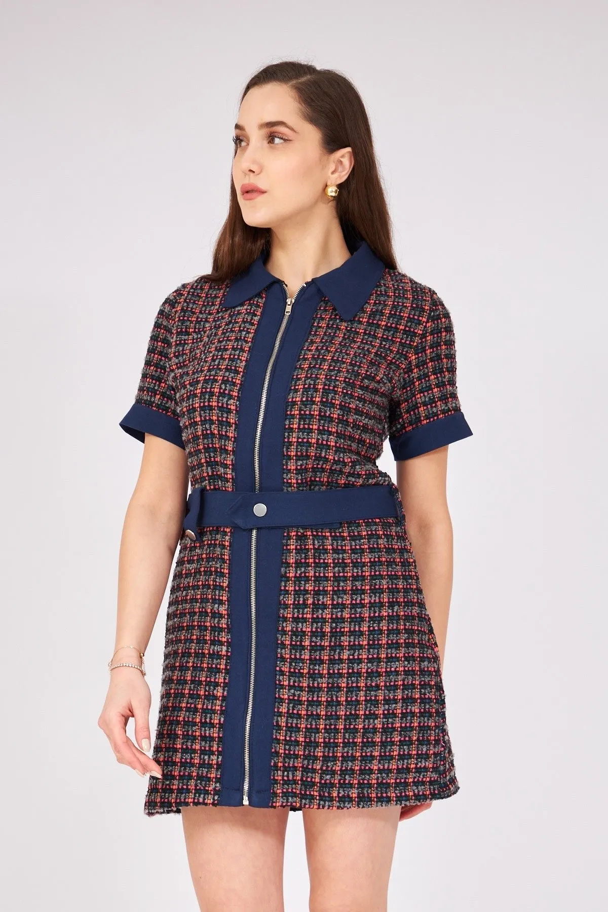 Zippered Garnished Tweed Dress