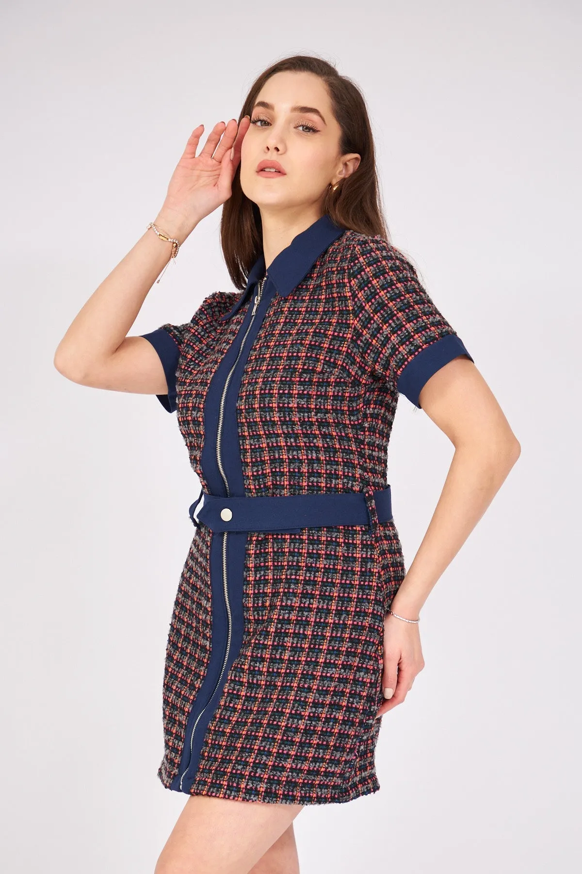 Zippered Garnished Tweed Dress